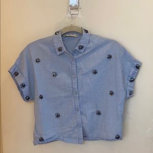 ZARA Jewelled Button Down Denim Crop Top